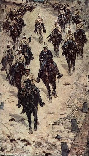 Kavalleriecorps auf einer Dorfstrasse, Giovanni Fattori